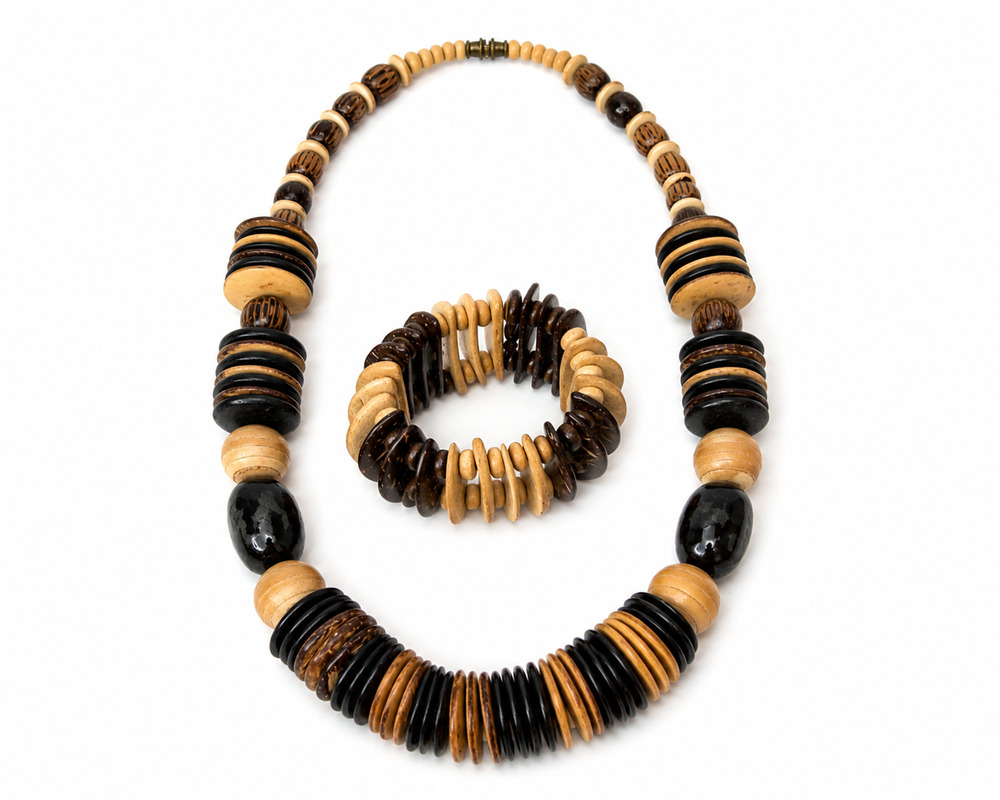 Wood Bead Necklace Bracelet Set Boho Coconut Shell Artisan Statement Jewelry